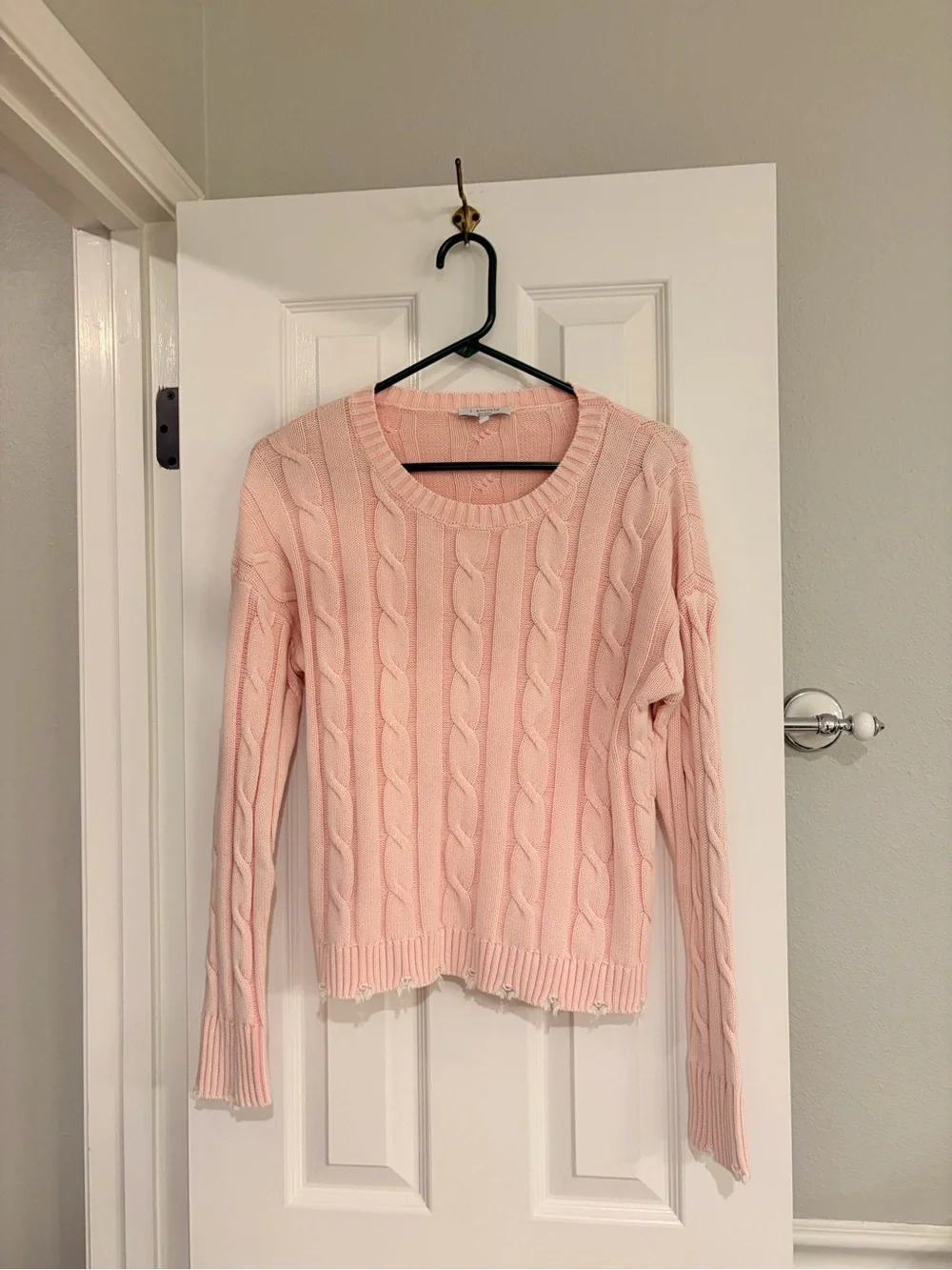 J. Society Pink Frayed Edge Cable Knit Cotton Sweater Small